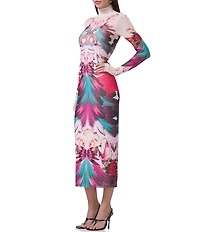 AFRM Shailene Feather Printed Turtleneck Long Sleeve Midi Dress