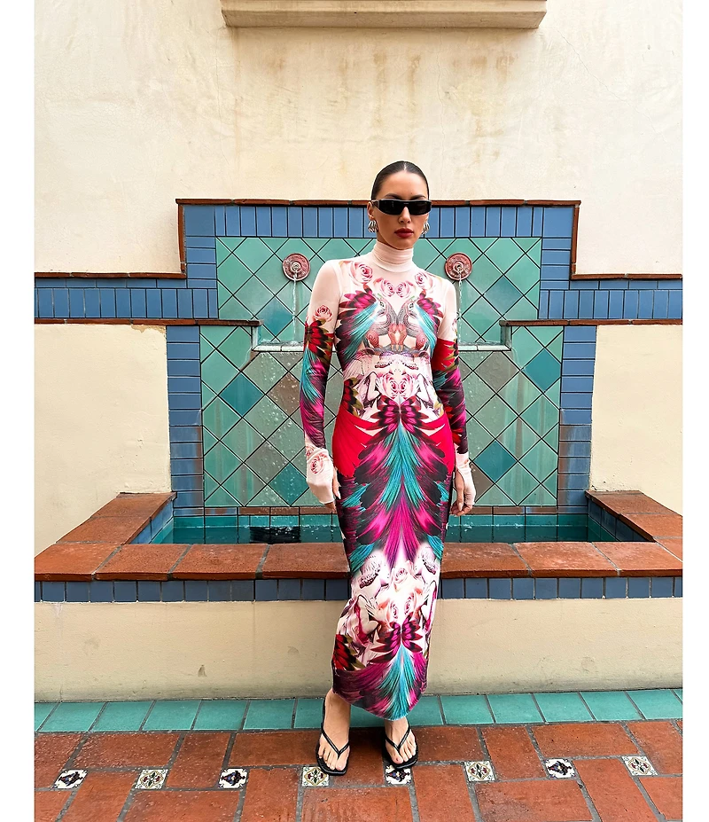 AFRM Shailene Feather Printed Turtleneck Long Sleeve Midi Dress