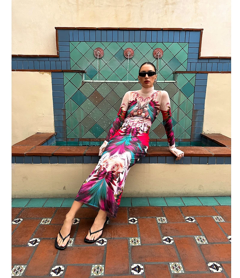 AFRM Shailene Feather Printed Turtleneck Long Sleeve Midi Dress