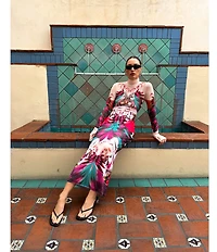 AFRM Shailene Feather Printed Turtleneck Long Sleeve Midi Dress