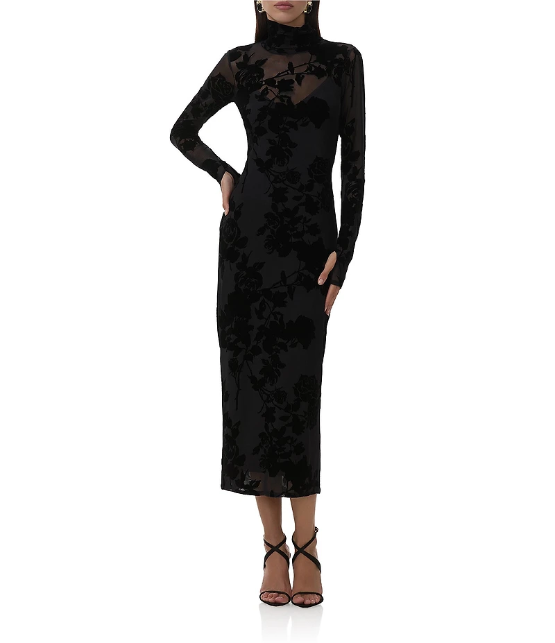 AFRM Shailene Floral Flocked Mesh Mock Neck Long Sleeve Midi Dress