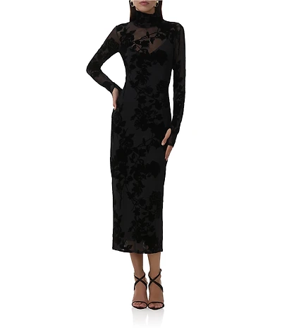 AFRM Shailene Floral Flocked Mesh Mock Neck Long Sleeve Midi Dress
