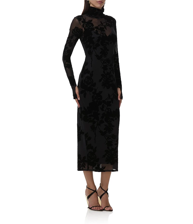 AFRM Shailene Floral Flocked Mesh Mock Neck Long Sleeve Midi Dress