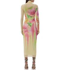 AFRM Shailene Floral Print Mock Neck Long Sleeve Mesh Midi Dress