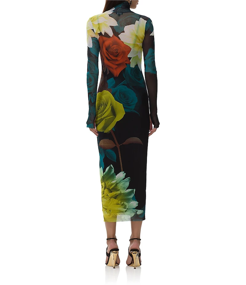 AFRM Shailene Floral Print Turtleneck Long Sleeve Bodycon Midi Mesh Dress