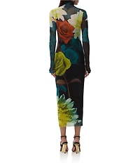 AFRM Shailene Floral Print Turtleneck Long Sleeve Bodycon Midi Mesh Dress