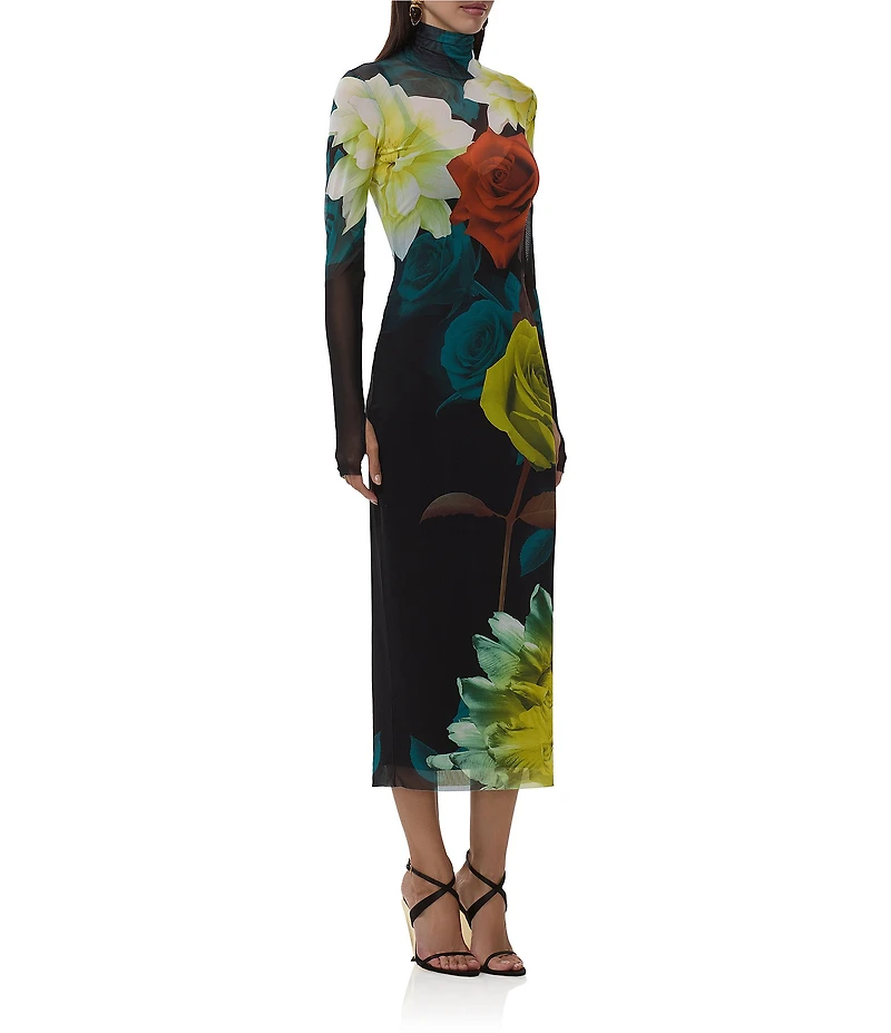 AFRM Shailene Floral Print Turtleneck Long Sleeve Bodycon Midi Mesh Dress