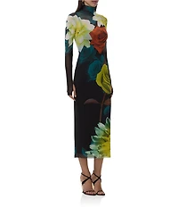 AFRM Shailene Floral Print Turtleneck Long Sleeve Bodycon Midi Mesh Dress