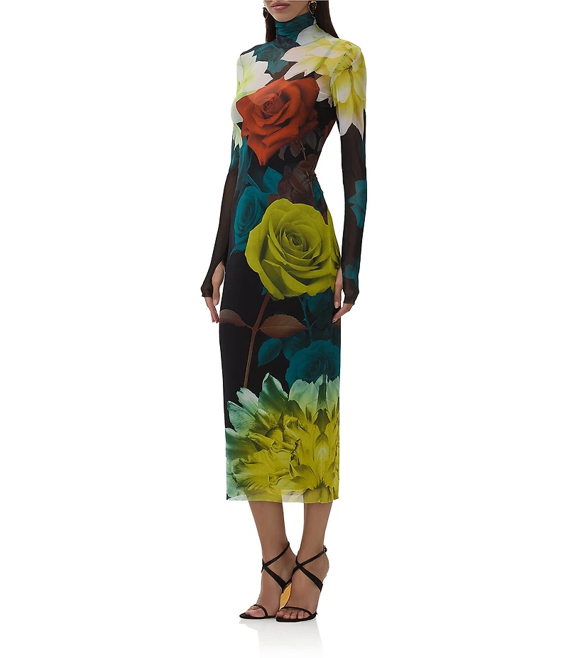 AFRM Shailene Floral Print Turtleneck Long Sleeve Bodycon Midi Mesh Dress