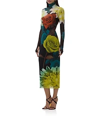 AFRM Shailene Floral Print Turtleneck Long Sleeve Bodycon Midi Mesh Dress