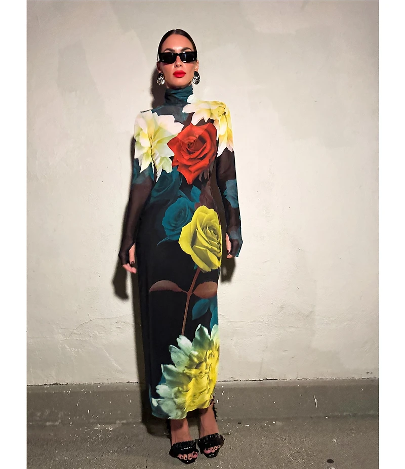 AFRM Shailene Floral Print Turtleneck Long Sleeve Bodycon Midi Mesh Dress