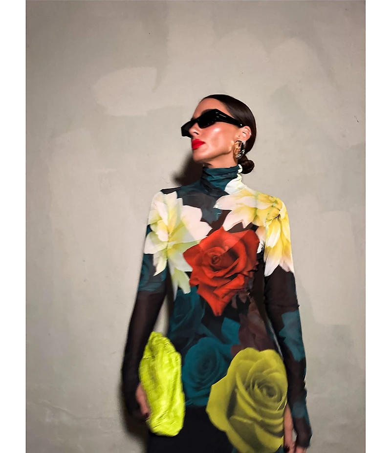 AFRM Shailene Floral Print Turtleneck Long Sleeve Bodycon Midi Mesh Dress