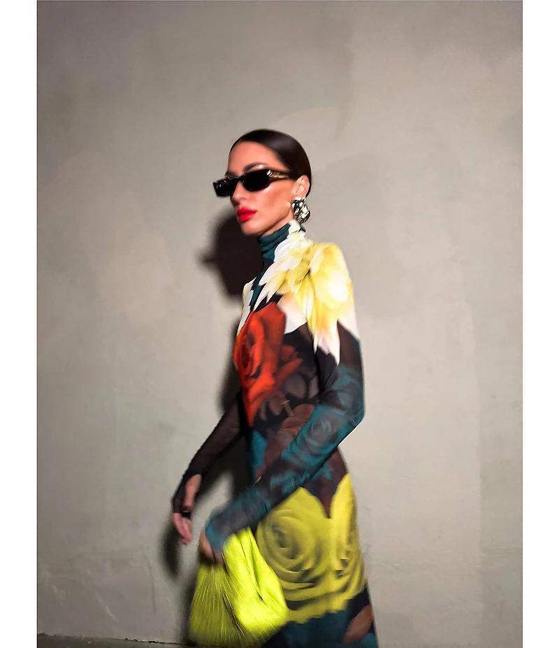 AFRM Shailene Floral Print Turtleneck Long Sleeve Bodycon Midi Mesh Dress