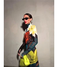 AFRM Shailene Floral Print Turtleneck Long Sleeve Bodycon Midi Mesh Dress