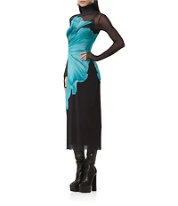 AFRM Shailene Floral Print Turtleneck Long Sleeve Mesh Midi Dress