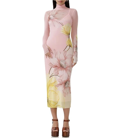 AFRM Shailene Floral Print Turtleneck Long Sleeve Midi Dress