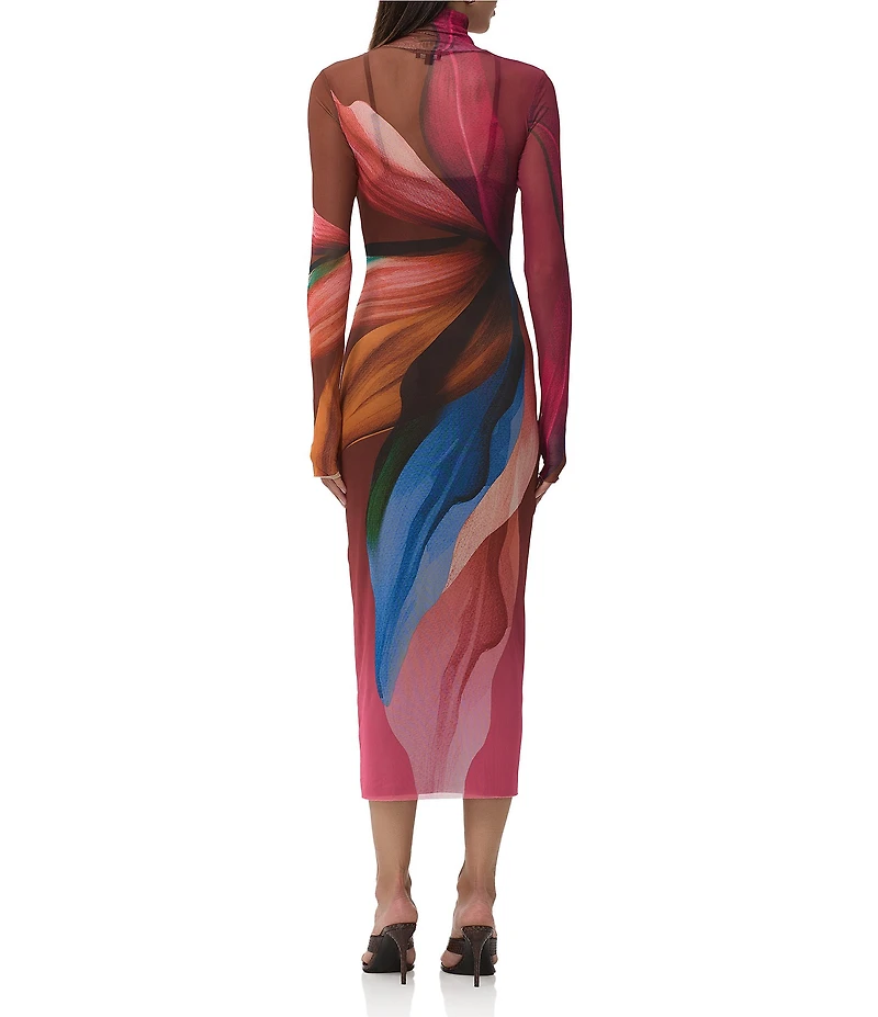 AFRM Shailene Lotus Leaf Print Turtleneck Long Sleeve Mesh Midi Dress