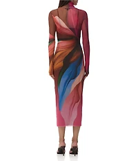 AFRM Shailene Lotus Leaf Print Turtleneck Long Sleeve Mesh Midi Dress