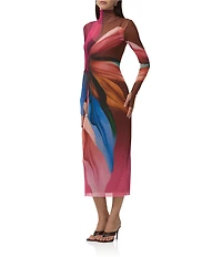 AFRM Shailene Lotus Leaf Print Turtleneck Long Sleeve Mesh Midi Dress