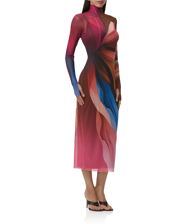 AFRM Shailene Lotus Leaf Print Turtleneck Long Sleeve Mesh Midi Dress