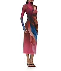 AFRM Shailene Lotus Leaf Print Turtleneck Long Sleeve Mesh Midi Dress