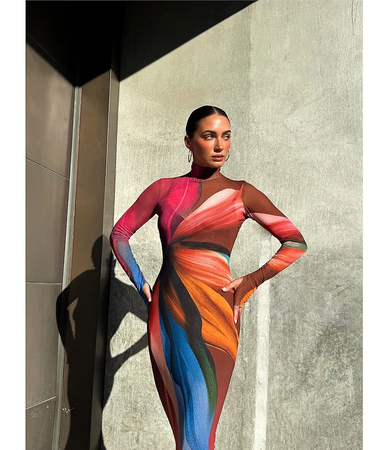 AFRM Shailene Lotus Leaf Print Turtleneck Long Sleeve Mesh Midi Dress