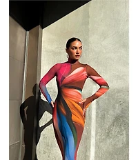AFRM Shailene Lotus Leaf Print Turtleneck Long Sleeve Mesh Midi Dress