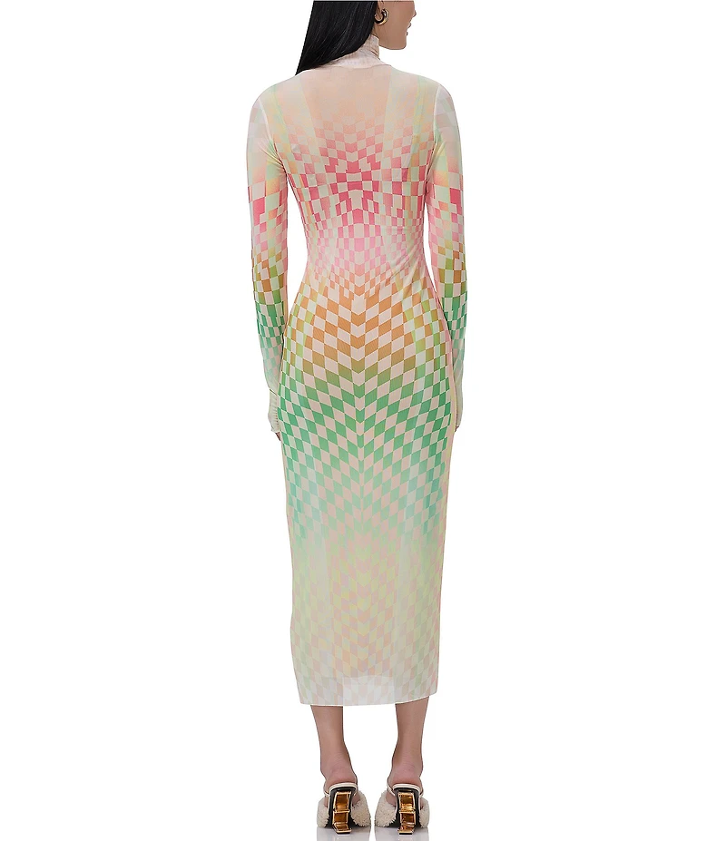 AFRM Shailene Mesh Geometric Print Turtleneck Long Sleeve Midi Dress