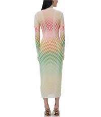 AFRM Shailene Mesh Geometric Print Turtleneck Long Sleeve Midi Dress