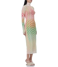 AFRM Shailene Mesh Geometric Print Turtleneck Long Sleeve Midi Dress