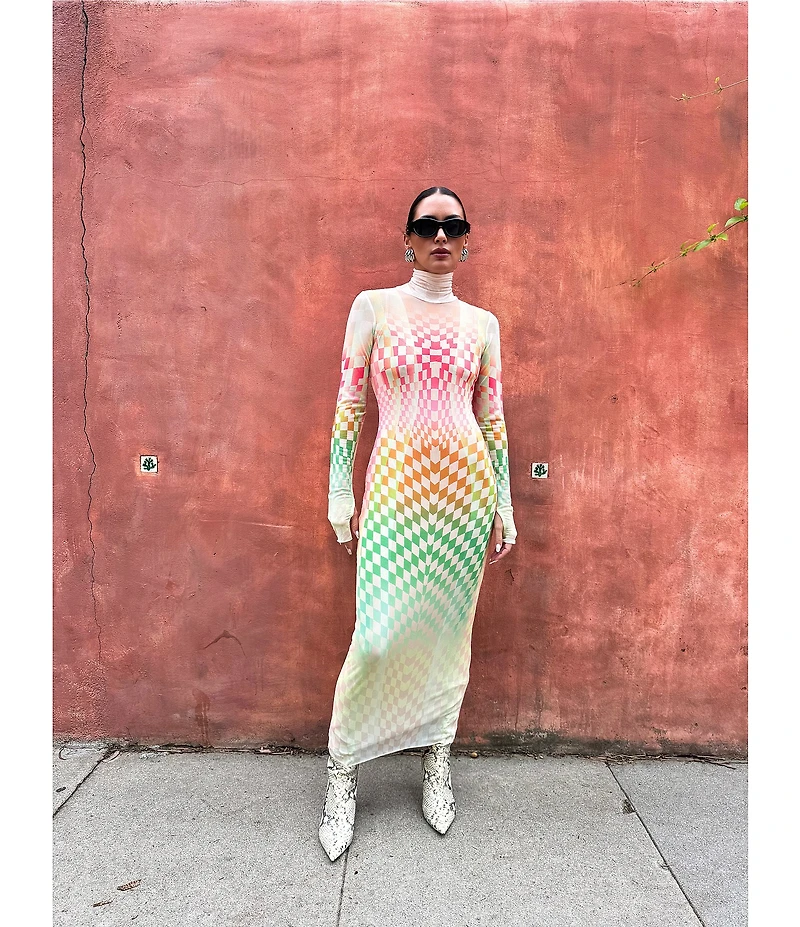AFRM Shailene Mesh Geometric Print Turtleneck Long Sleeve Midi Dress