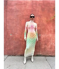 AFRM Shailene Mesh Geometric Print Turtleneck Long Sleeve Midi Dress