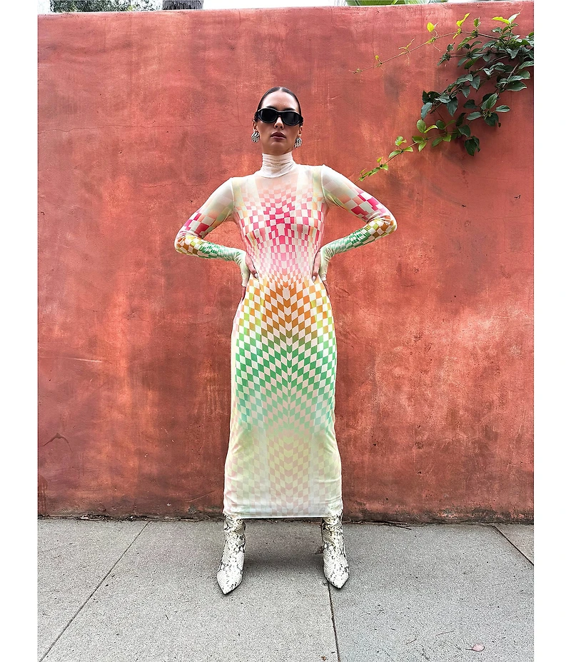 AFRM Shailene Mesh Geometric Print Turtleneck Long Sleeve Midi Dress