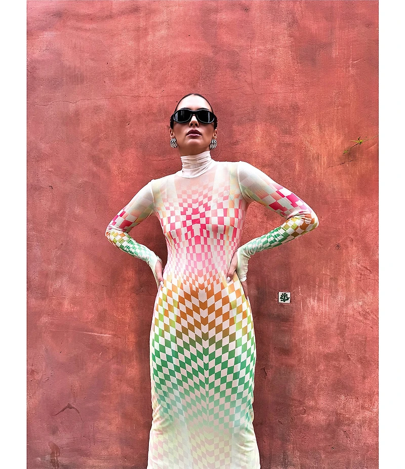 AFRM Shailene Mesh Geometric Print Turtleneck Long Sleeve Midi Dress