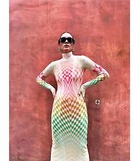 AFRM Shailene Mesh Geometric Print Turtleneck Long Sleeve Midi Dress