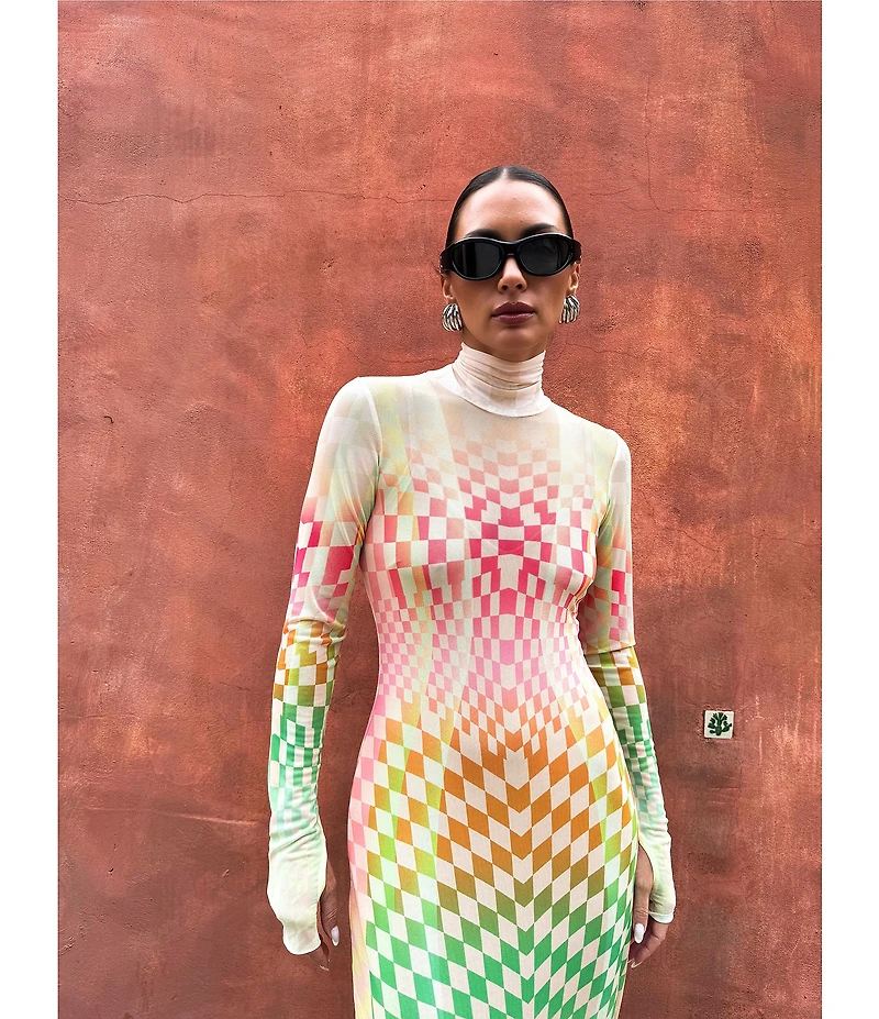 AFRM Shailene Mesh Geometric Print Turtleneck Long Sleeve Midi Dress