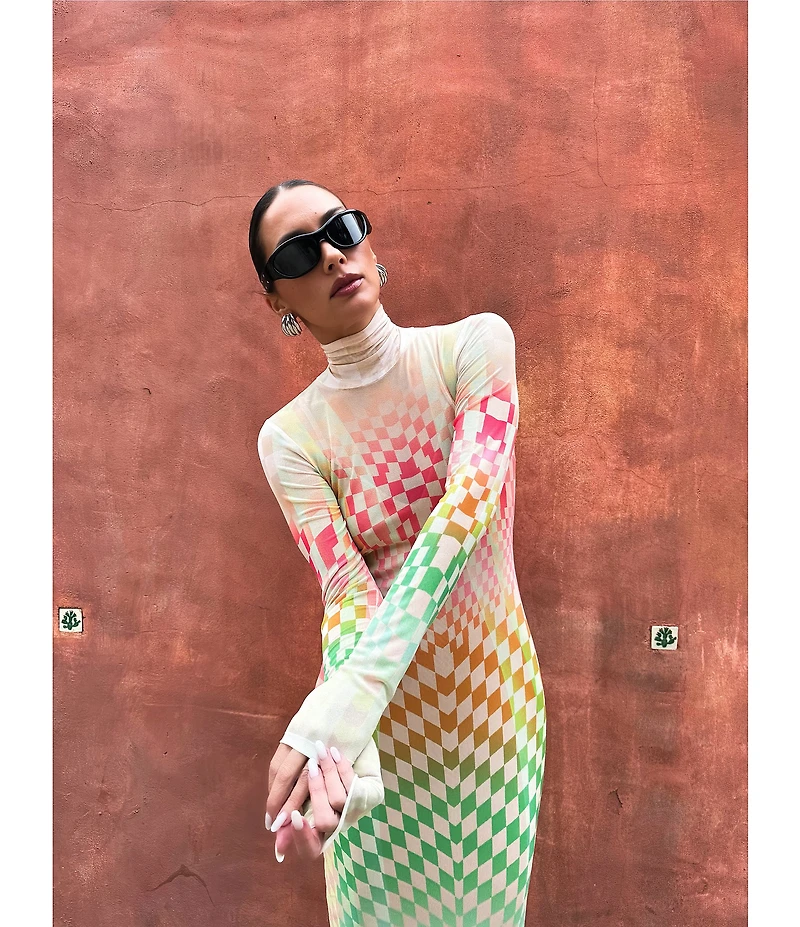 AFRM Shailene Mesh Geometric Print Turtleneck Long Sleeve Midi Dress