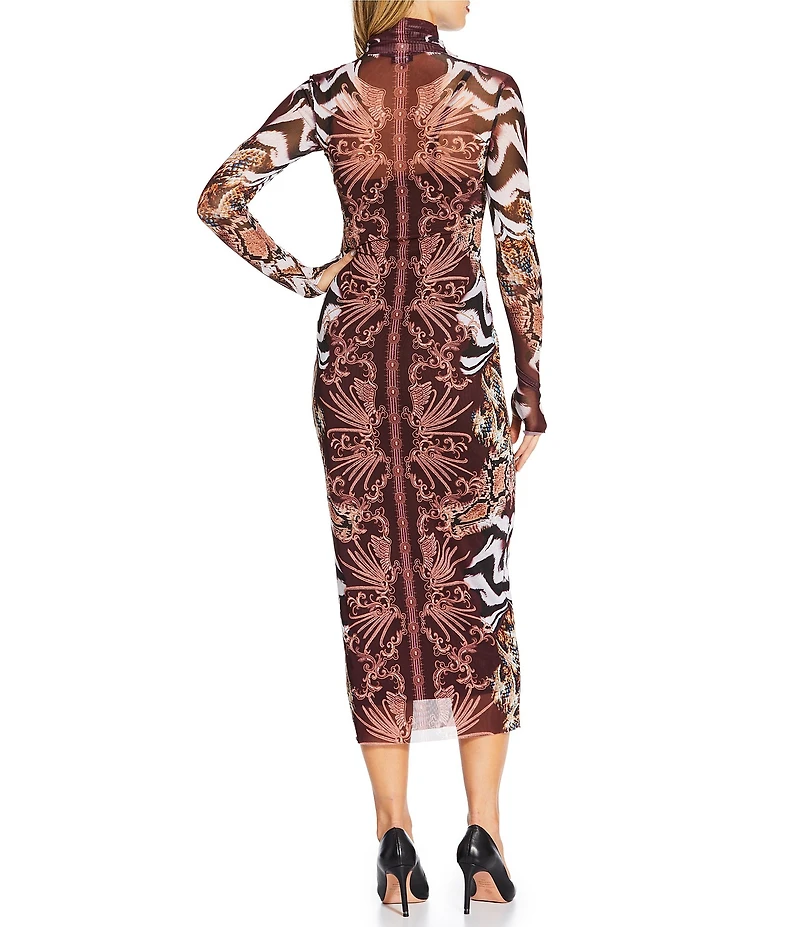 AFRM Shailene Mesh Printed Turtle Neck Long Sleeve Midi Dress