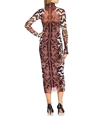 AFRM Shailene Mesh Printed Turtle Neck Long Sleeve Midi Dress