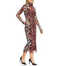 AFRM Shailene Mesh Printed Turtle Neck Long Sleeve Midi Dress