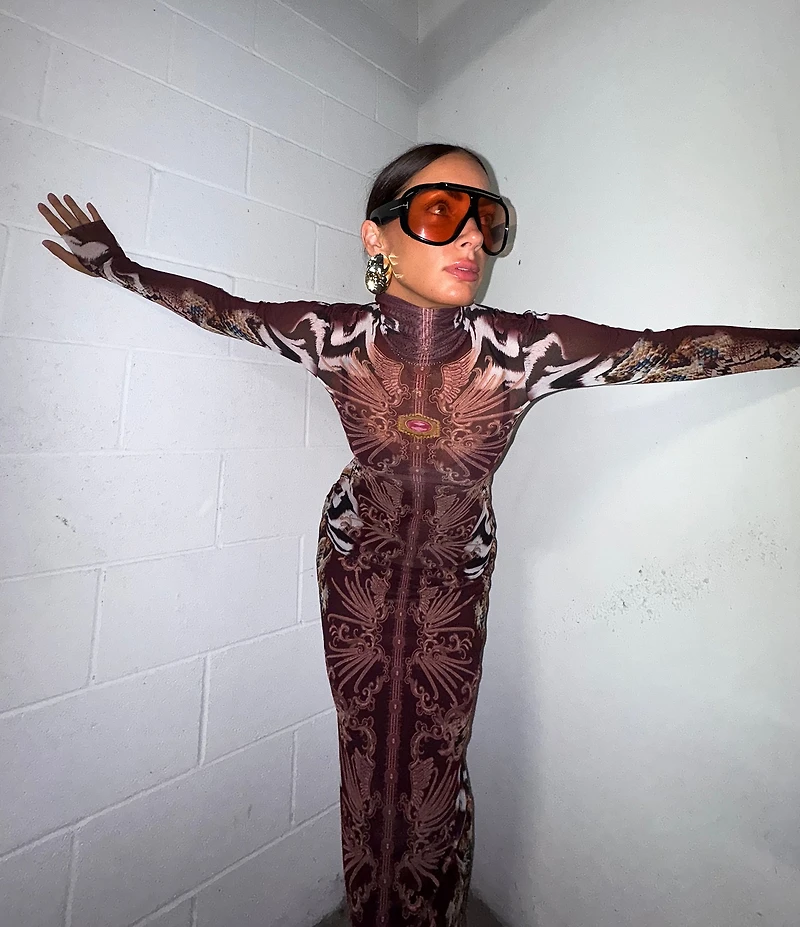 AFRM Shailene Mesh Printed Turtle Neck Long Sleeve Midi Dress