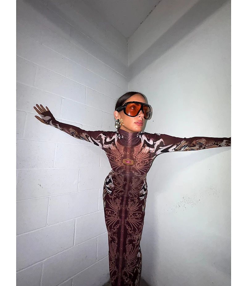 AFRM Shailene Mesh Printed Turtle Neck Long Sleeve Midi Dress