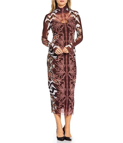 AFRM Shailene Mesh Printed Turtle Neck Long Sleeve Midi Dress