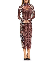 AFRM Shailene Mesh Printed Turtle Neck Long Sleeve Midi Dress