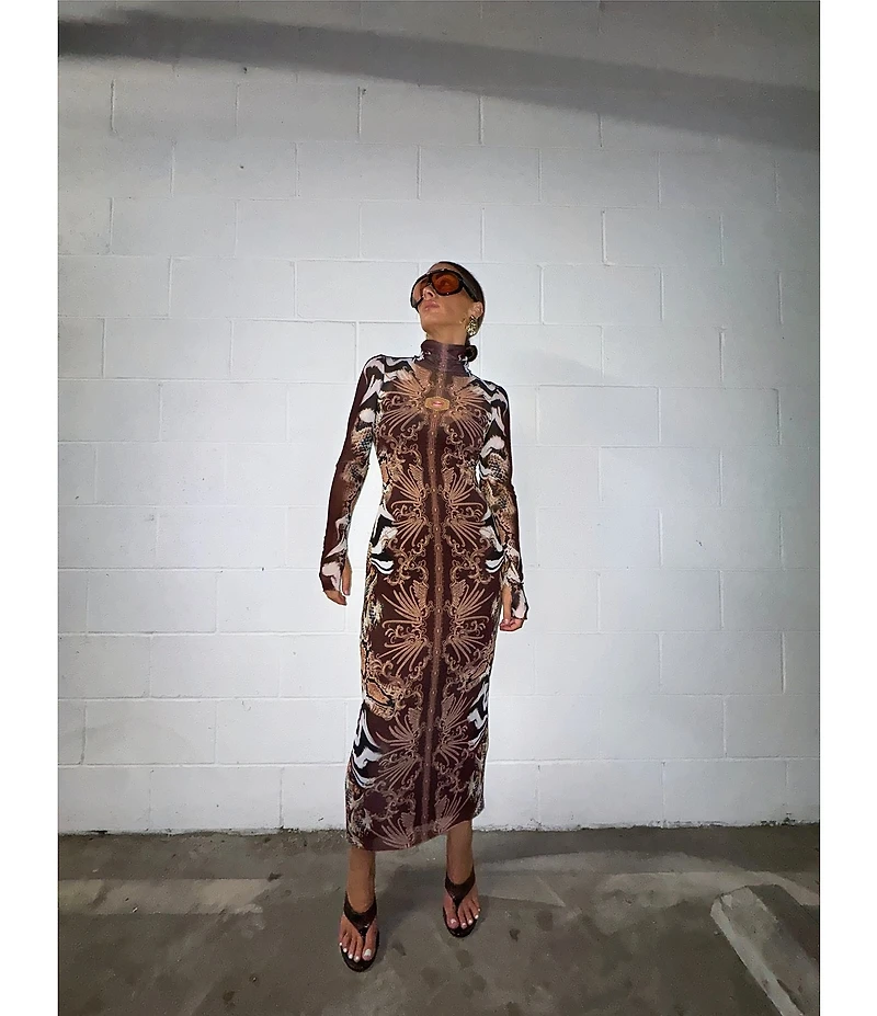 AFRM Shailene Mesh Printed Turtle Neck Long Sleeve Midi Dress