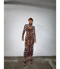 AFRM Shailene Mesh Printed Turtle Neck Long Sleeve Midi Dress