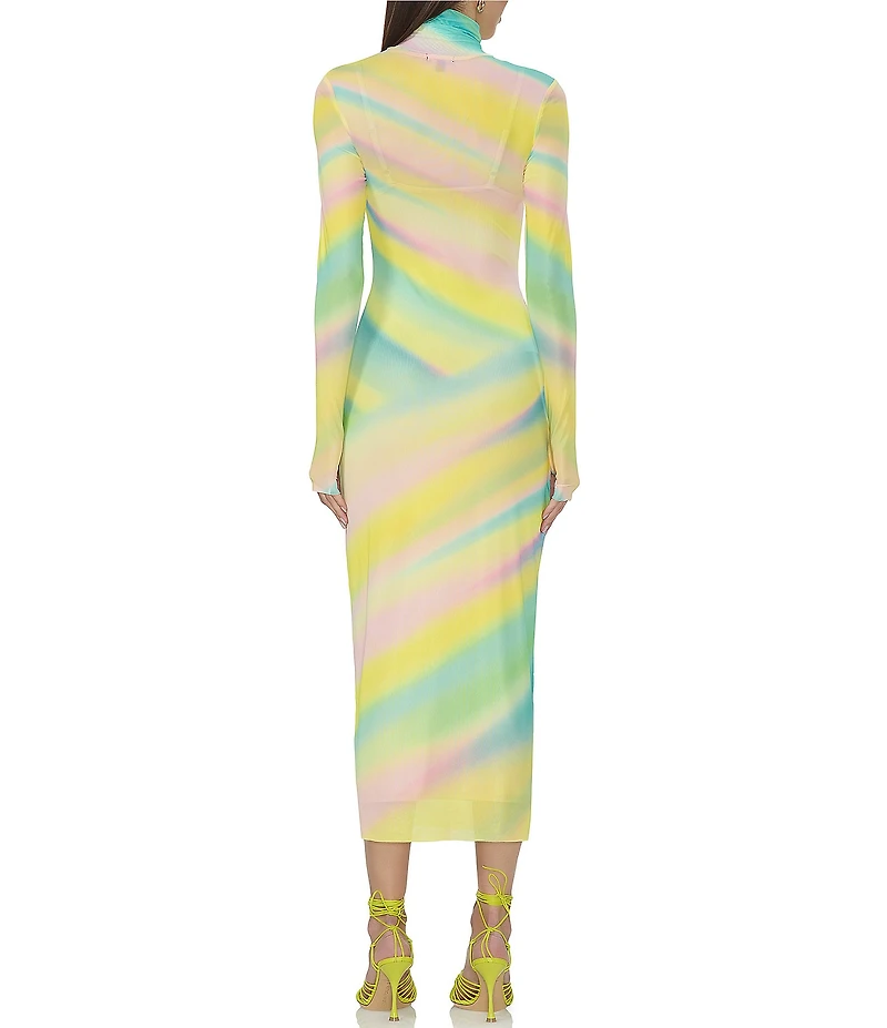 AFRM Shailene Printed Mesh Turtleneck Long Sleeve Midi Dress