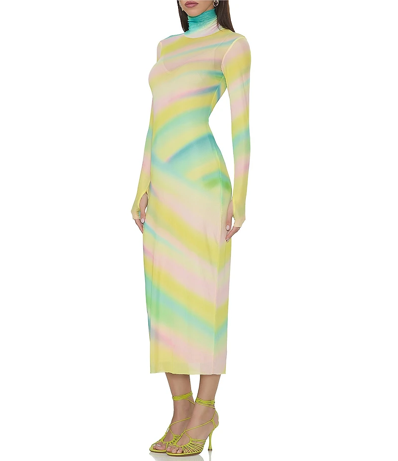 AFRM Shailene Printed Mesh Turtleneck Long Sleeve Midi Dress