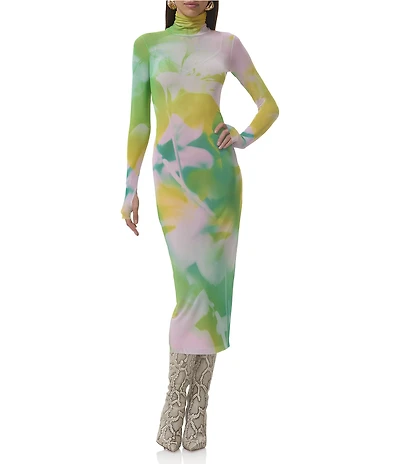 AFRM Shailene Watercolor Print Mesh Turtleneck Long Sleeve Midi Dress