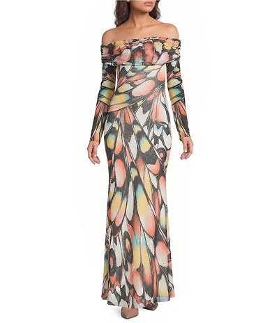 AFRM Theana Butterfly Printed Off-the-Shoulder Long Sleeve Bodycon Mesh Maxi Dress